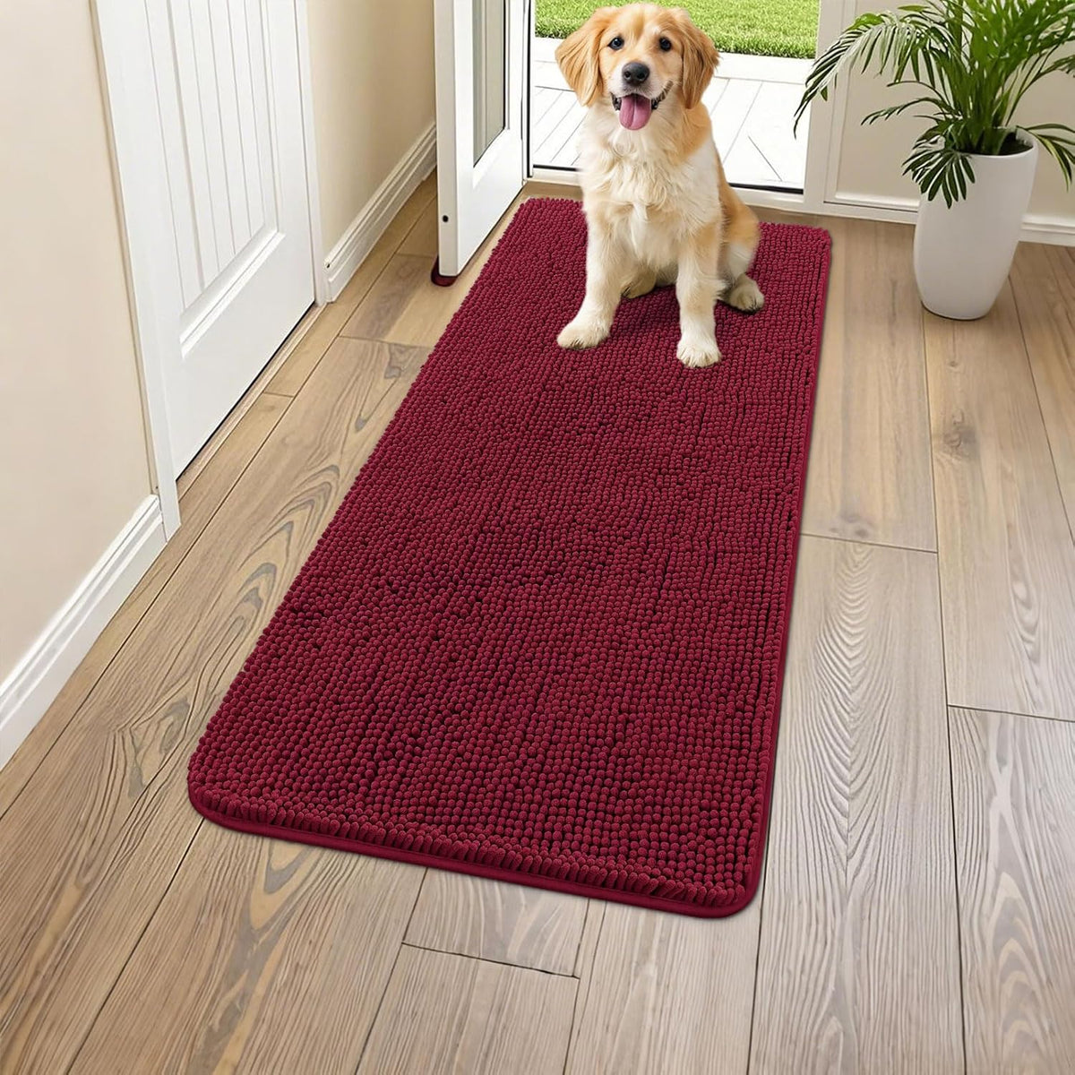 Smiry Dog Door Mat for Muddy Paws 59x24, Absorbs Moisture and Dirt Doormat, Non-Slip Washable Quick Dry Chenille Front Door Mat Indoor Entrance, Entryway Carpet for Inside Floor, Burgundy
