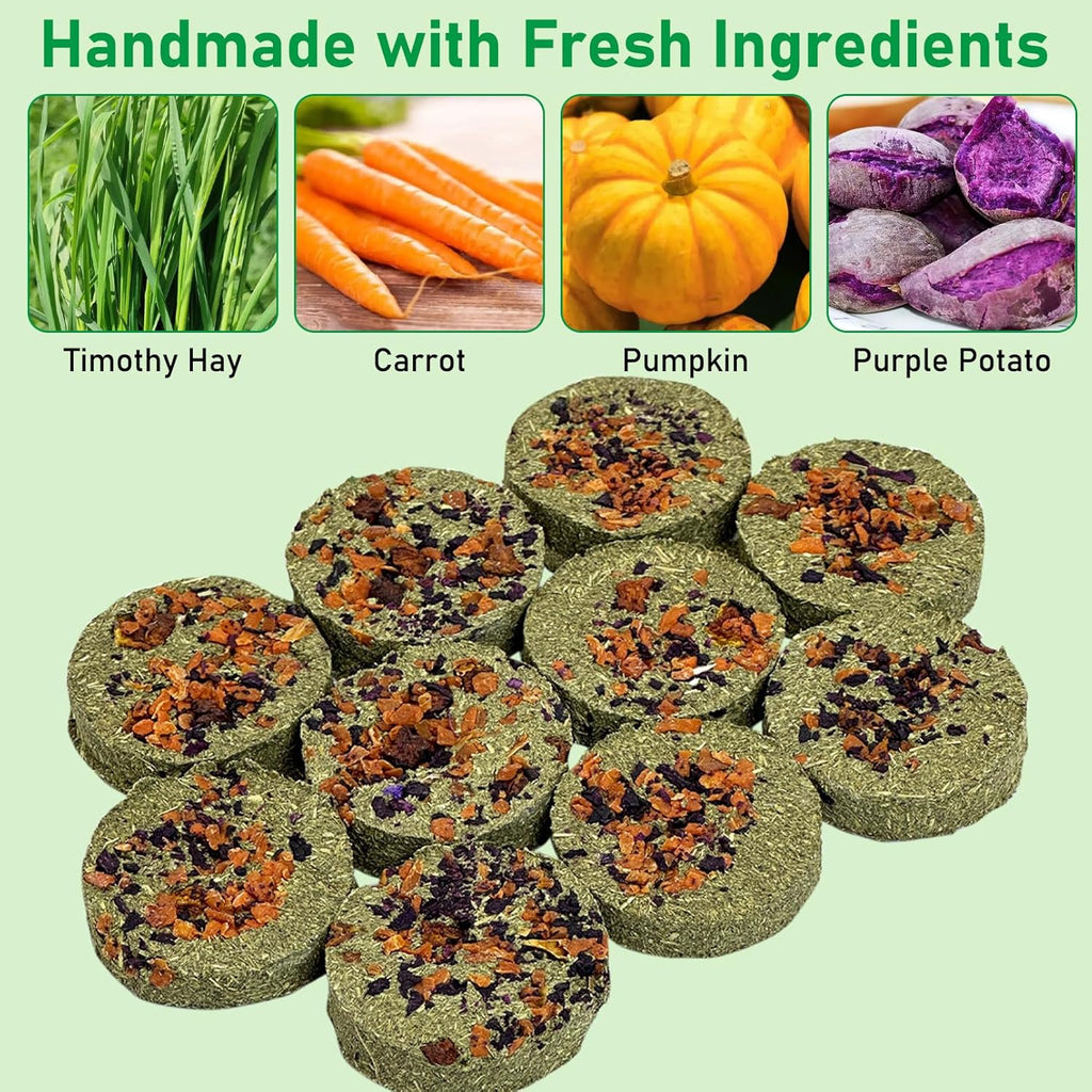 Fhiny 24 PCS Rabbit Chew Toys, Natural Timothy Hay Carrot Pumpkin Purple Potato Biscuit Cubes Bunny Chew Treats for Teeth Care Small Animals Molar Snacks for Hamster Guinea Pig Chinchilla Rat