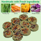 Fhiny 24 PCS Rabbit Chew Toys, Natural Timothy Hay Carrot Pumpkin Purple Potato Biscuit Cubes Bunny Chew Treats for Teeth Care Small Animals Molar Snacks for Hamster Guinea Pig Chinchilla Rat