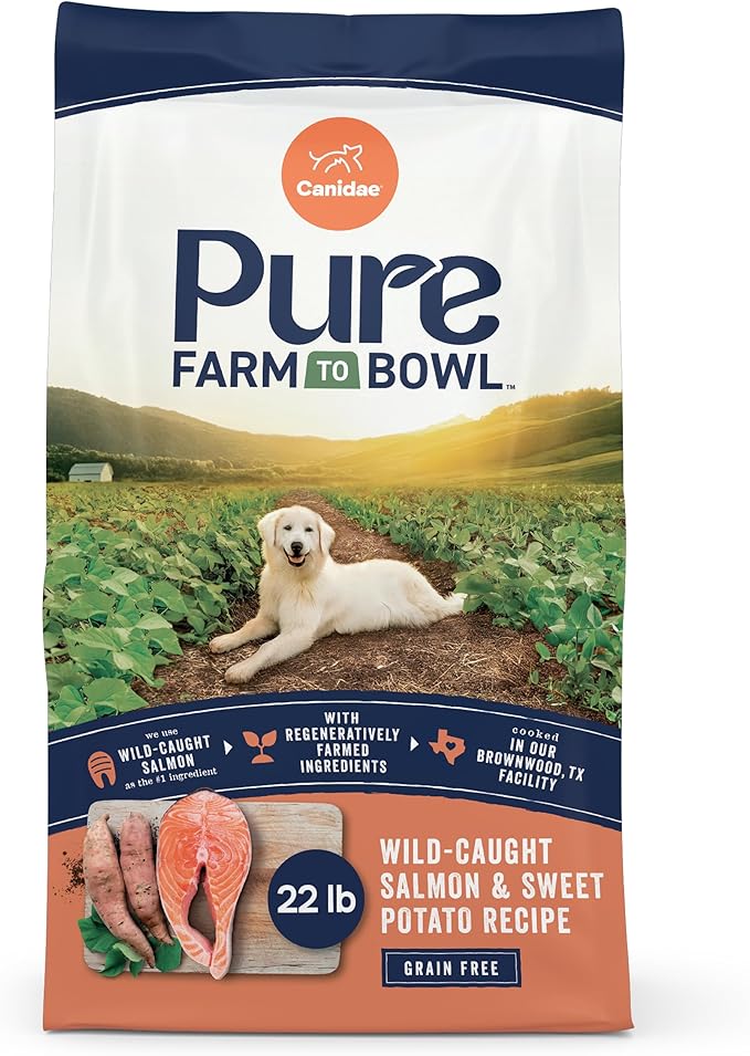 Canidae Pure Farm to Bowl, Grain-Free, Wild-Caught Salmon & Sweet Potato Dog Food, Adult 22lb