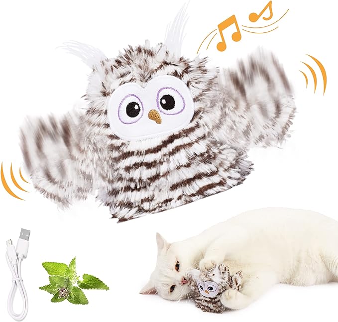 Interactive Cat Toy Rechargeable Automatic Chirping Owl Kitten Toy with Catnip, Auto Beating Wings Flying Bird Cat Toys for Indoor Cats to Play Alone, Never Boredom