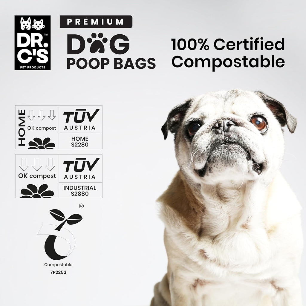 100% Certified Compostable Dog Poop Bags - Dr. C's Premium Dog Poop Bags - 270 Bags / 18 Rolls, Extra thick, Leak Proof, Unscented, Plant Based and Earth Friendly