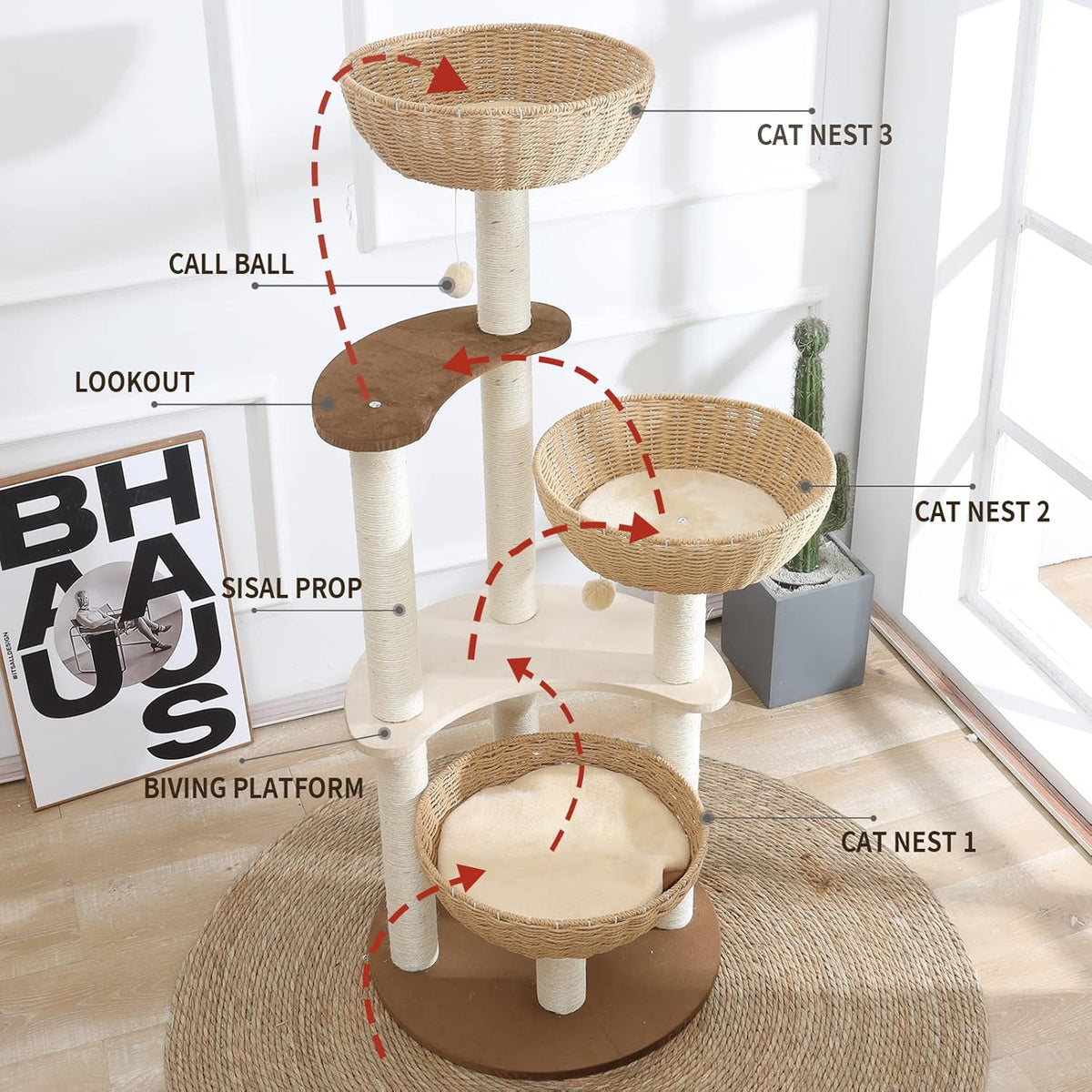 52" Modern Cat Tree Tower for Large Cats, 3Cat Nests Manual Hand Woven Multilevel Huge Paws Pals Cat Tree, Wood Cat Tower, Cat Scratching Tree, Cat Condo, Cat Lover Gift