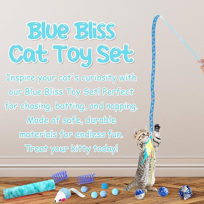 24 Pcs Cat Toys Set Interactive Kitten Toys Pack Including Collapsible Play Tunnel Feather Teaser Wand Fuzzy Ball Springs Pillow Mouse Bells for Indoor Cats Puppy (Blue)