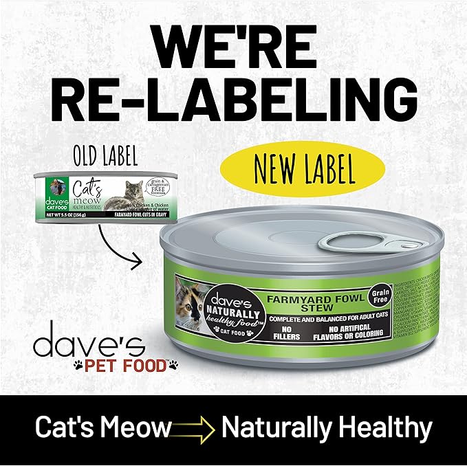 Dave's Pet Food Grain Free Wet Cat Food (Farmyard Fowl, Chicken & Duck), Made in USA Naturally Healthy Canned, Added Vitamins & Minerals, 5.5 oz Cans (24 Pack)