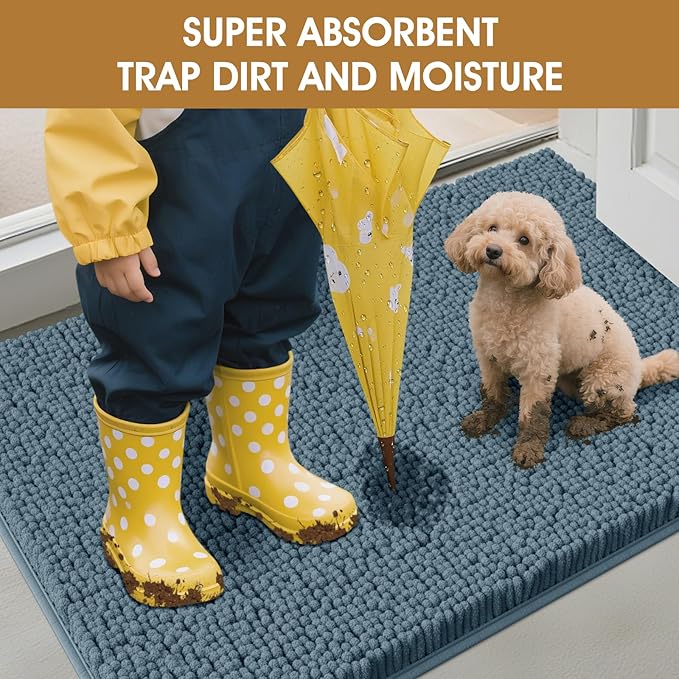 Extra Large Dog Door Mats for Muddy Paws, 71" x 25" Chenille Absorbent Mud Mat for Dogs, Non Slip Heavy Dog Rugs For Muddy Paws, Soft Indoor Door Mat for Entryway, Mud Paw, Inside Floor, Dusty Blue