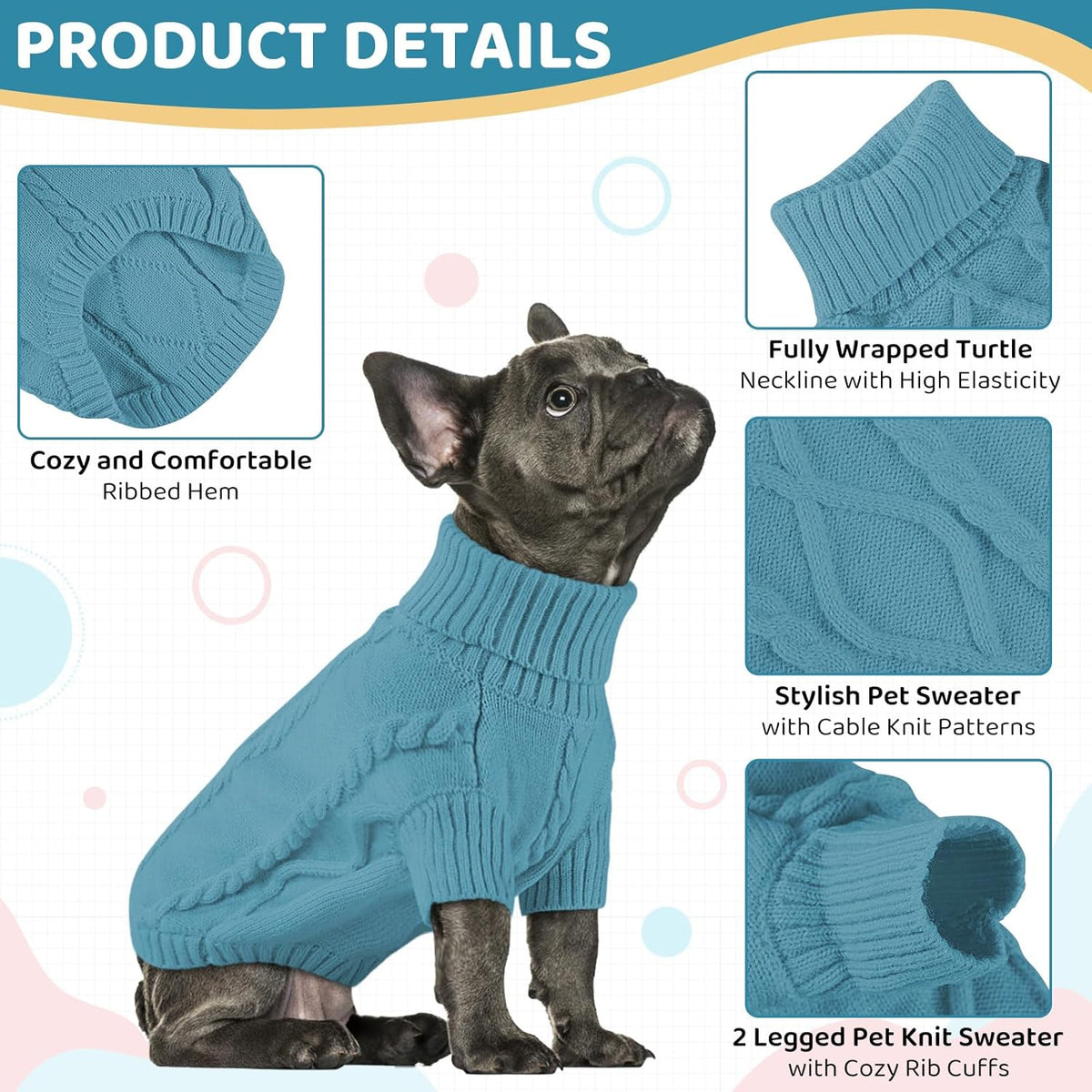 Queenmore Small Dog Pullover Sweater, Cold Weather Cable Knitwear, Classic Turtleneck Thick Warm Clothes for Chihuahua, Bulldog, Dachshund, Pug (Peacock Blue, Large)