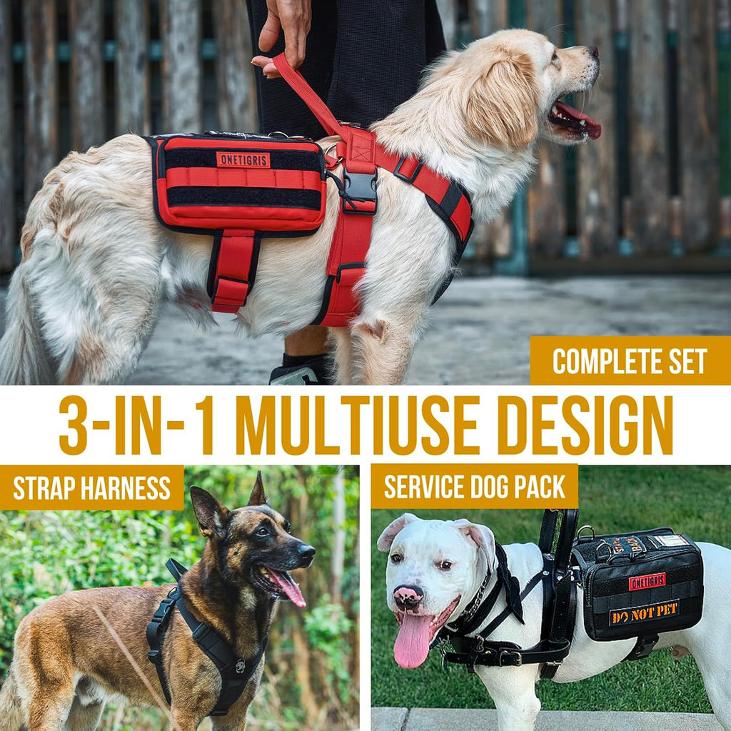 OneTigris Service Dog Vest Harness, Service Dog Cape Guardian Dog Backpack Harness with Pouches Dog Saddle Bag for Small Medium and Large Dogs (Red, M)