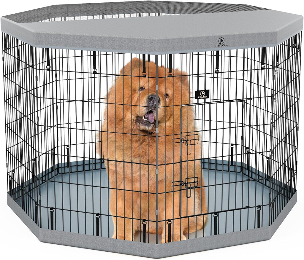 PJYuCien Dog Playpen, 8 Panels 42”H Dog Playpen Indoor with Grey Bottom Pad and Top Cover, Metal Foldable Dog Pen for Indoor Use, Better for Small Medium Animals, Grey
