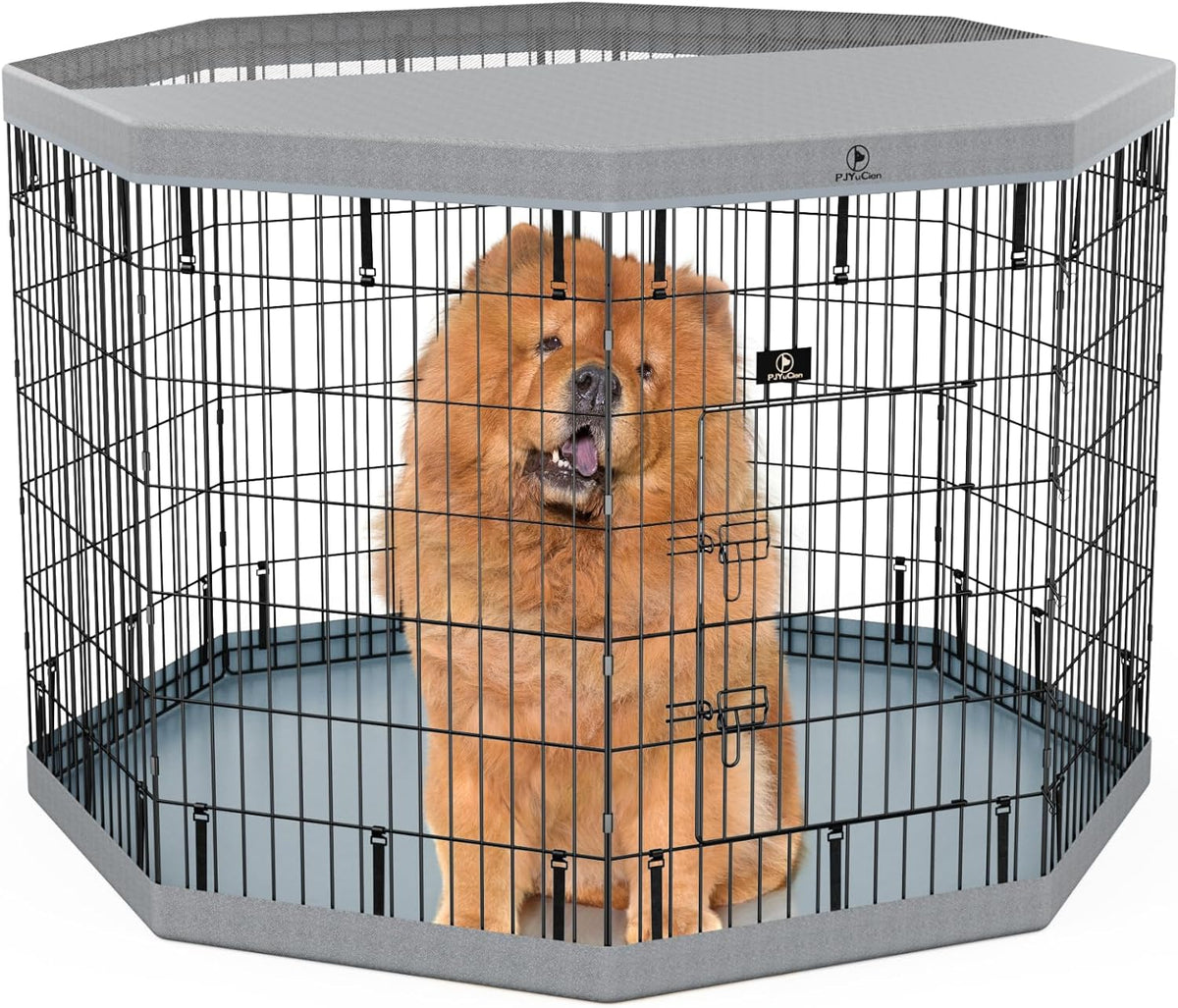 PJYuCien Dog Playpen, 8 Panels 42”H Dog Playpen Indoor with Grey Bottom Pad and Top Cover, Metal Foldable Dog Pen for Indoor Use, Better for Small Medium Animals, Grey