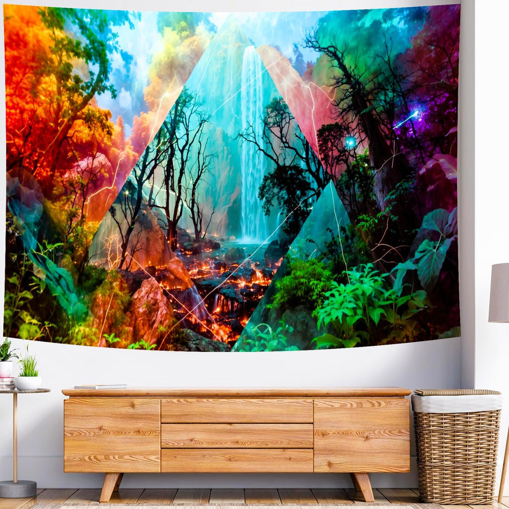 Delur Forest Tapestry Waterfall Mountain Rainforest Sunset Nature Tree Tapestry Wall Hanging Scenic Tropical Landscape Natural Sunrise Headboard for Bedroom Living Room Home Decor (70.8" x 92.5")