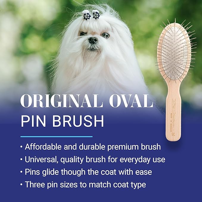 Chris Christensen 35 mm Oval Pin Dog Brush, Original Series, Groom Like a Professional, Stainless Steel Pins, Lightweight Beech Wood Body, Ground and Polished Tips
