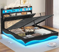 ADORNEVE Lift Up Storage Full Size Bed Frame with Type-C Charging Station& Hidden Storage Headboard, LED Lights Upholstered Platform Bed,Full Bed with Hydraulic, No Box Spring Needed,Black
