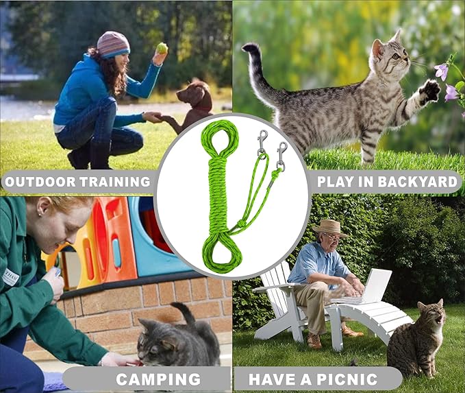 Reflective Cat Leash -50FT Cat Cable Out Escape Proof Walking Leads Yard Long Durable Safe Leash Traning Play Outdoor for Puppies/Kittens/Small Animals(Green)