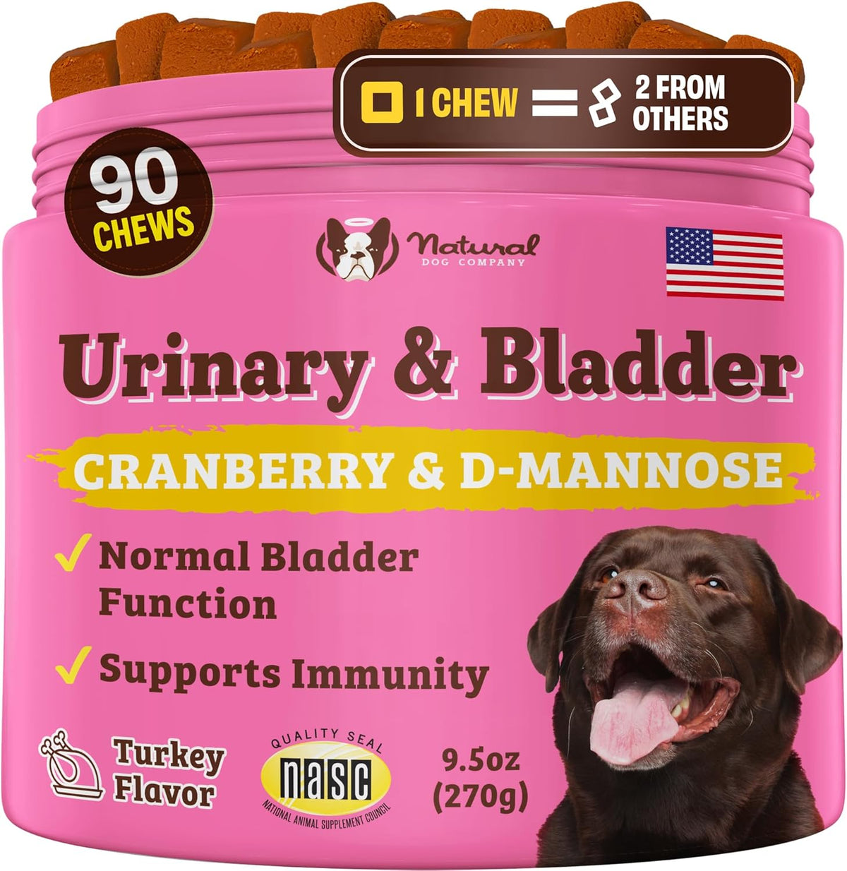 Natural Dog Company Cranberry Supplement for Dogs - Urinary & Bladder Support - D-Mannose for Dog Promotes Bladder Health - Turkey Flavor - Dog UTI Incontinence Supplement - 90 Soft Chews