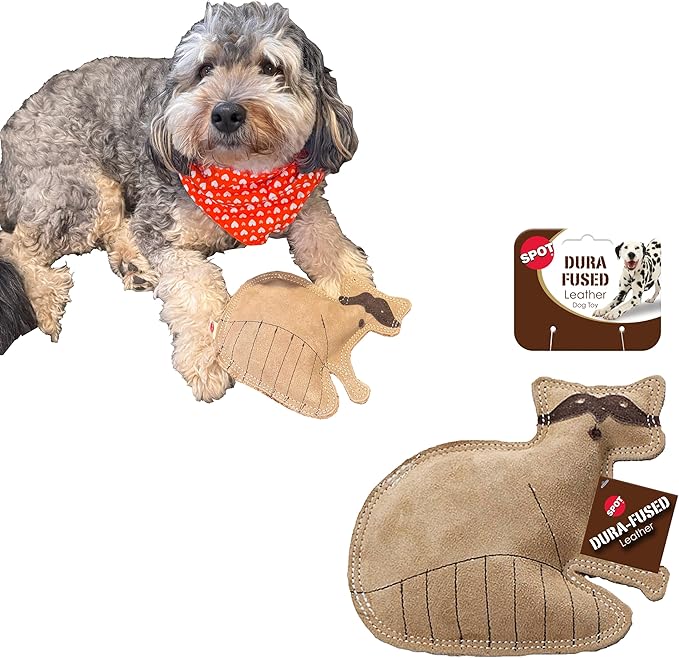 SPOT Dura-Fused Leather Raccoon Dog Toy – Real Leather & Jute Fabric, Double-Stitched & Durable, Squeaky Interactive Chew Toy for Moderate Chewers, Small & Medium Dogs, Soft Stuffed Fetch Toy, 7.25in