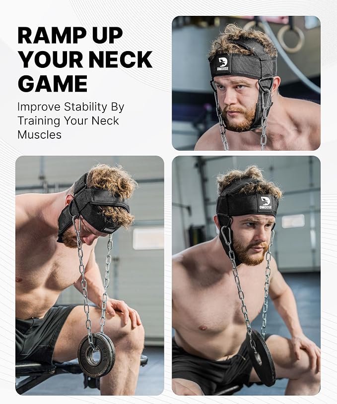 DMoose Fitness Neck Harness for Weight Lifting - Soft Padded Head & Chin Strap with 30" Heavy Duty Steel Chain - Neck Exerciser, Trainer & Strengthener to Support Injury Recovery and Intense Workouts