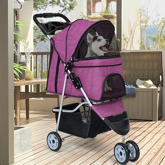 BestPet 3Wheels Pet Dog Stroller for Folding Lightweight Cat Travel Stroller with Cup Holder,Purple