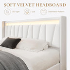 SHA CERLIN King Size Bed Frame with Charging Station and LED Lights, Modern Velvet Platform Bed with Upholstered Geometric Wingback Headboard, No Box Spring Needed, Easy Assembly, White