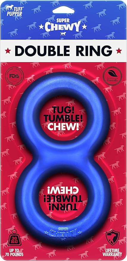 SuperChewy Tough Dog Double Ring Toy | Lifetime Replacement | Strong Natural Rubber | Great Dog Pull Toy for Exercise | Tug Toys for Dogs | Ultra Durable Chew Toys for Aggressive Chewers