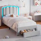 Twin Upholstered LED Bed Frame with Storage Drawer and Adjustable Chic Double Wavy Headboard, Velvet Princess Platform Bed for Girls/Kids, Solid Wood Slats Support, No Box Spring Needed, Grey