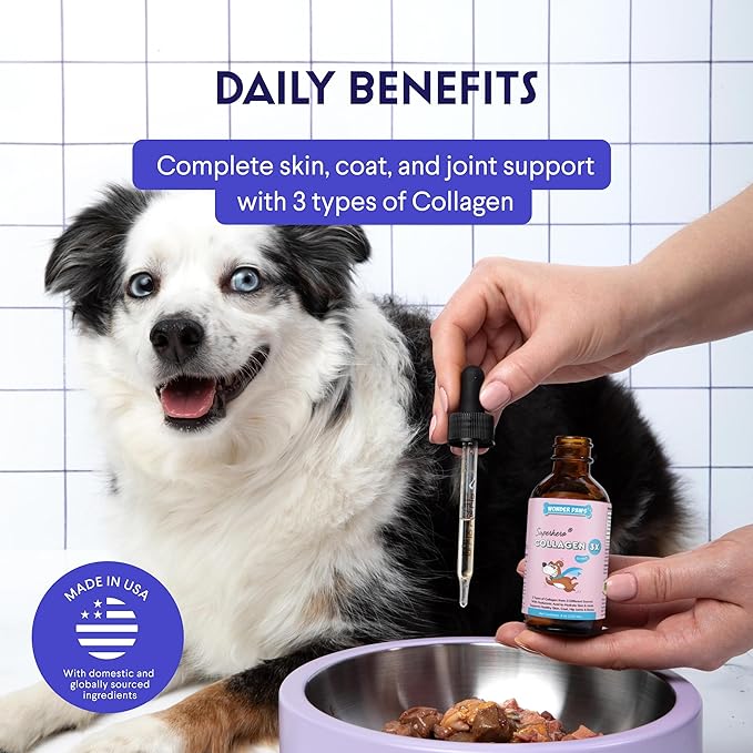 WONDER PAWS Premium Collagen for Dogs – Liquid Support for Skin, Coat, HIPS & Joints – with Hyaluronic Acid & Types I, II & III Collagen – Daily Wellness Formula, Made in USA