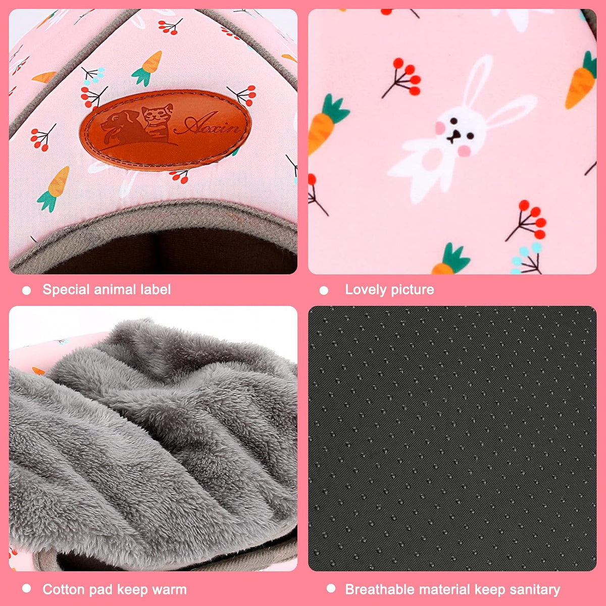 BWOGUE Guinea Pig Bed Large Hide-Out Cozy House Bed for Rabbits Ferret Chinchilla Bearded Dragon Winter Warm Cage Nest Hamster Accessories Cute Bunny and Carrot Pattern