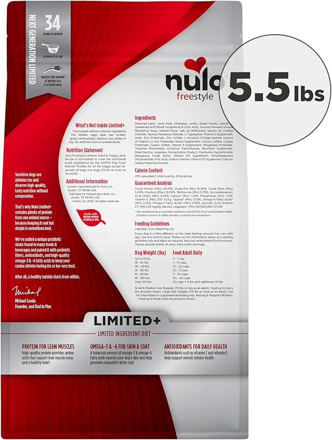 Nulo Freestyle Limited Ingredient Lamb Recipe Dry Kibble Dog & Puppy Food, 5.5 Pound Bag