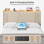 Gizoon Queen Bed Frame with Charging Station and LED Lights,Upholstered Wingback Platform Bed with Wooden Slats,Noise-Free,No Box Spring Needed