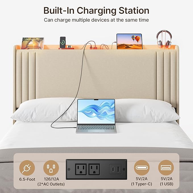 Gizoon Queen Bed Frame with Charging Station and LED Lights,Upholstered Wingback Platform Bed with Wooden Slats,Noise-Free,No Box Spring Needed