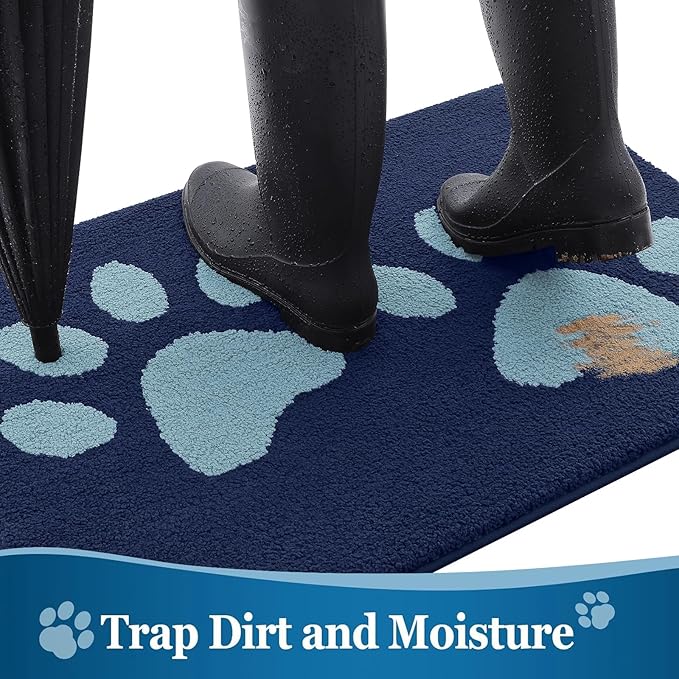 Buganda Dog Door Mat for Muddy Paws, Absorbent Dirt Trapper Washable Indoor Doormats, Non Slip Low-Profile Mud Mat for Dogs, Front Entrance Doormat for Inside Floor (40x32 Inches, Dark Blue)