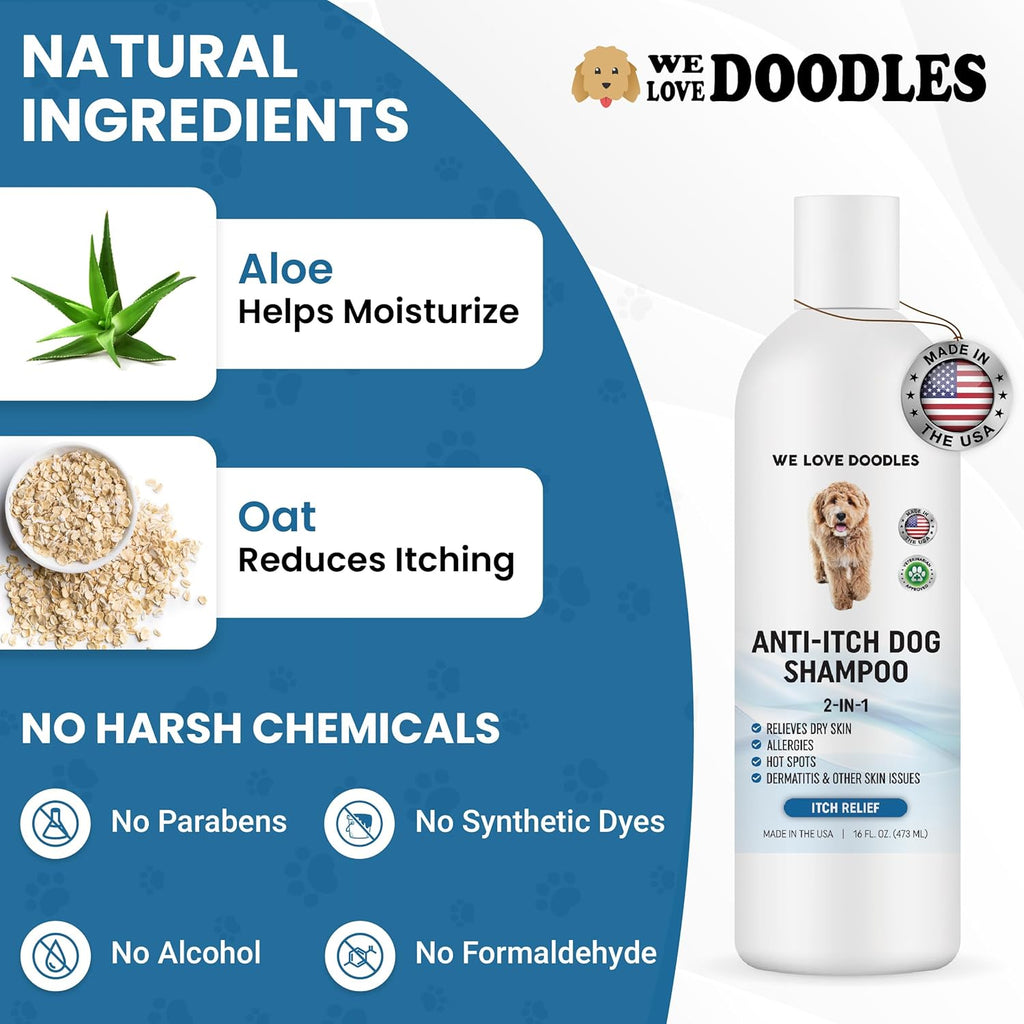 Premium Anti Itch Dog Shampoo for Sensitive Skin, Made in USA, Dry Skin Treatment for Dogs, Great for Allergies, Itching, Hot Spots, Natural Ingredients & Allergy Relief, 16 OZ [We Love Doodles]