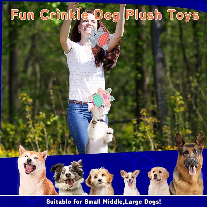 Crinkle Dog Toys Squeaky Plush No Stuffing Cute Puppy Stuffless Tough Rop Pull Toy, Fun Dog Stuffed Animals Durable Chew Set for Small Medium Large Pup (Large, Pink Pig+Blue Dog)