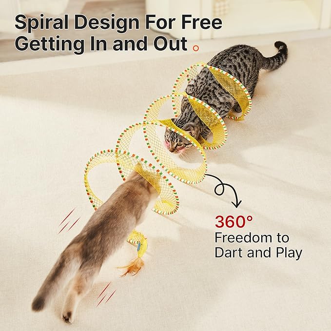 Potaroma Spiral Tunnel Cat Toy, Self Play Cat Play Spiral Kitten Collapsible Spring Tunnel Toy for Indoor Cats with Feather and Bell, 20 Inches Unfolded