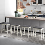 COSTWAY Upholstered Bar Stools Set of 2, 24-Inch Backless Counter Height Dining Stools with Delicate Wood Carving, Footrest, Solid Rubber Wood Frame, Farmhouse BarStools for Kitchen Island Bar, White