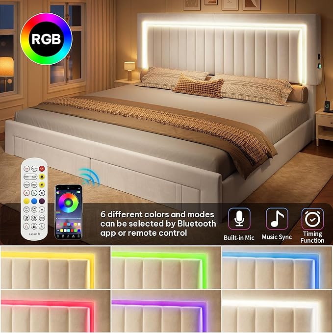 DWVO King Size Bed Frame with Adjustable Headboard, 4 Storage Drawers and RGB LED Lights, Velvet Upholstered Platform Bed with USB Ports, No Box Spring Needed, Fast Assembly, Noise-Free, White