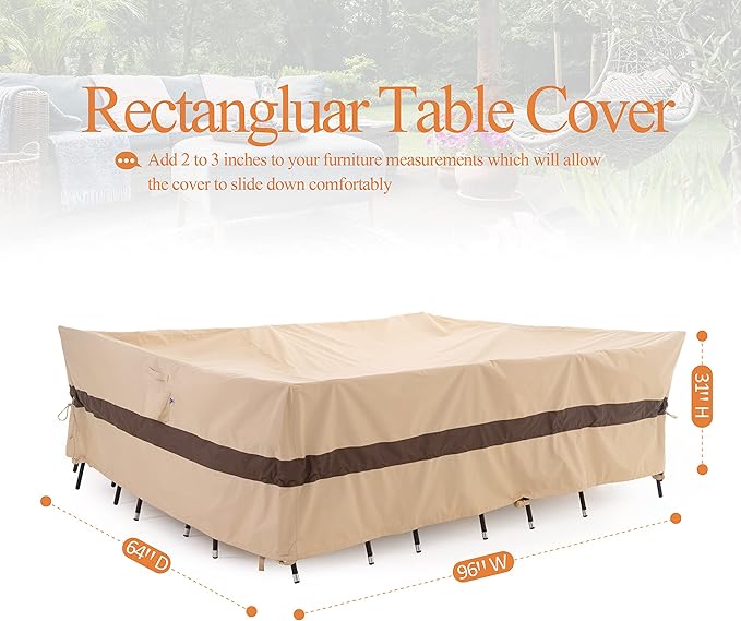 WJ-X3 Large 96in Beige & Coffee Patio Furniture Cover, 96W x 64D x 31H Inches - Heavy Duty, Waterproof, Wind-Resistant, Anti-Fade - Ideal for Outdoor Table Protection in Winter