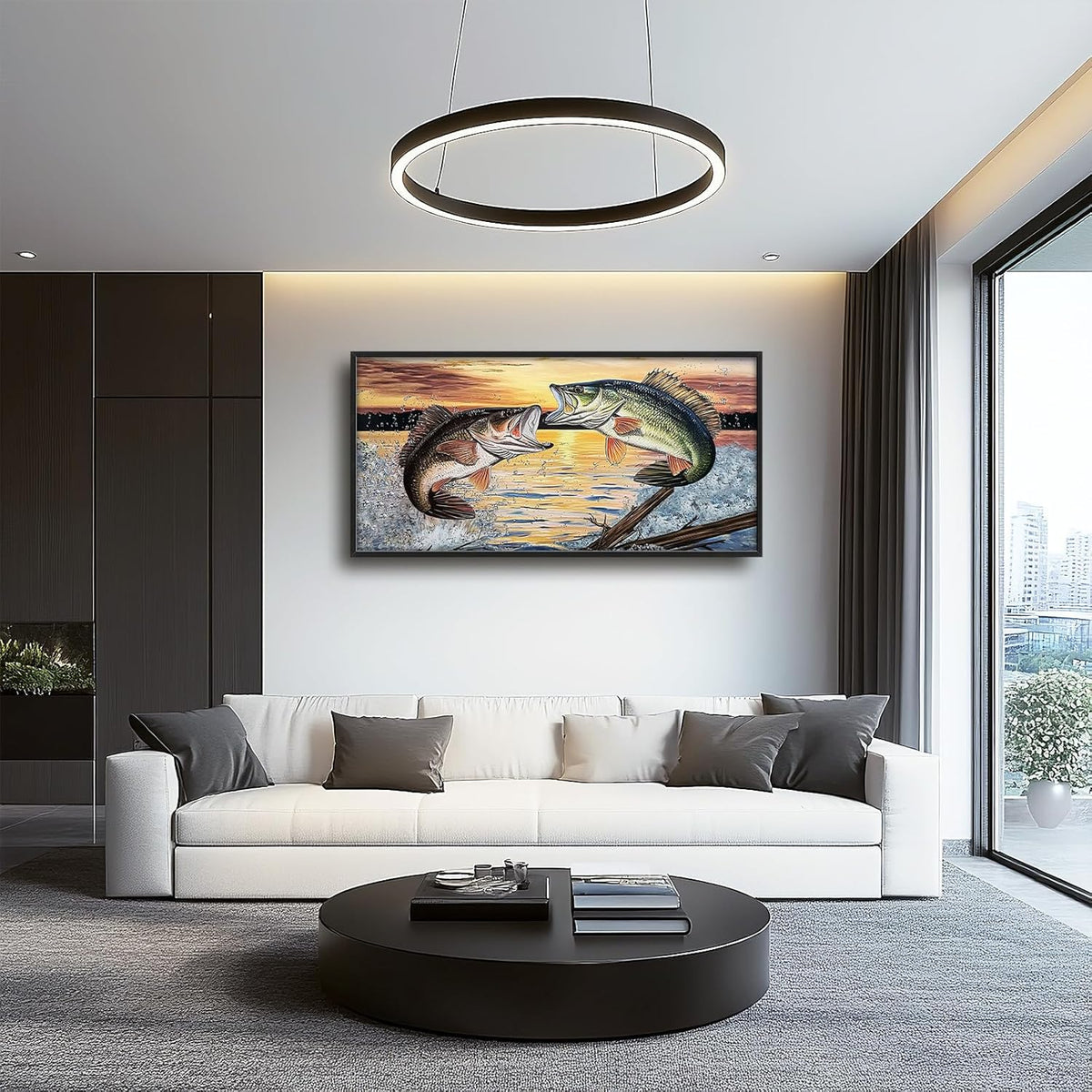 Large Fish Wall Art for Living Room, Framed Bass Fishing Wall Decor, Oversized Rustic Sunset Lake Canvas Painting Fish Pictures Modern Artwork Home Decoration for Living Room Bedroom Office 60"x30"