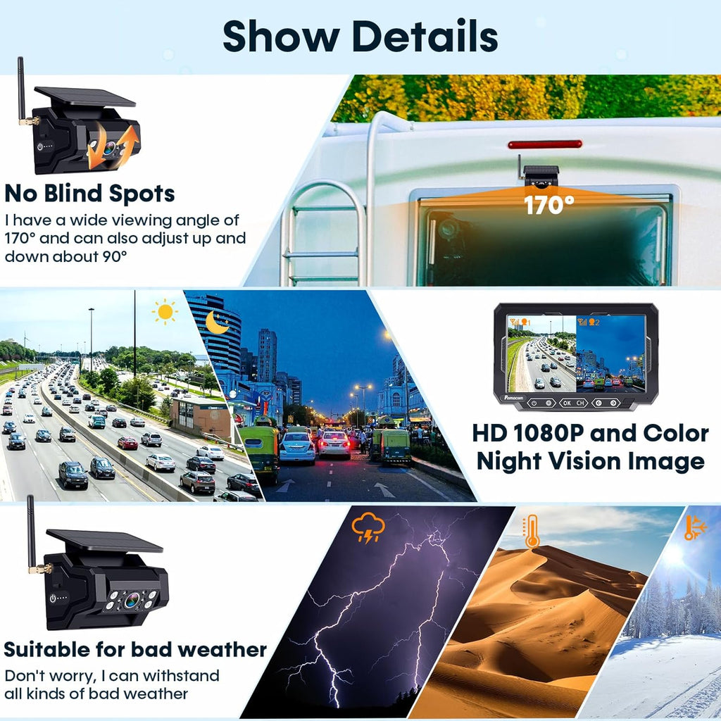Magnetic Solar Wireless Backup Camera: 7" Portable 1 Min Easy Install Scratch-Proof No Delay Backup Camera for Truck Rechargeable HD 1080P for Trailer Small RV Camper Pemacom P15