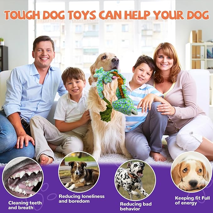 Crinkle Dog Toys Squeaky Plush No Stuffing Cute Puppy Stuffless Tough Rop Pull Toy, Fun Dog Stuffed Animals Durable Chew Set for Small Medium Large Pup (Large, Lizard)