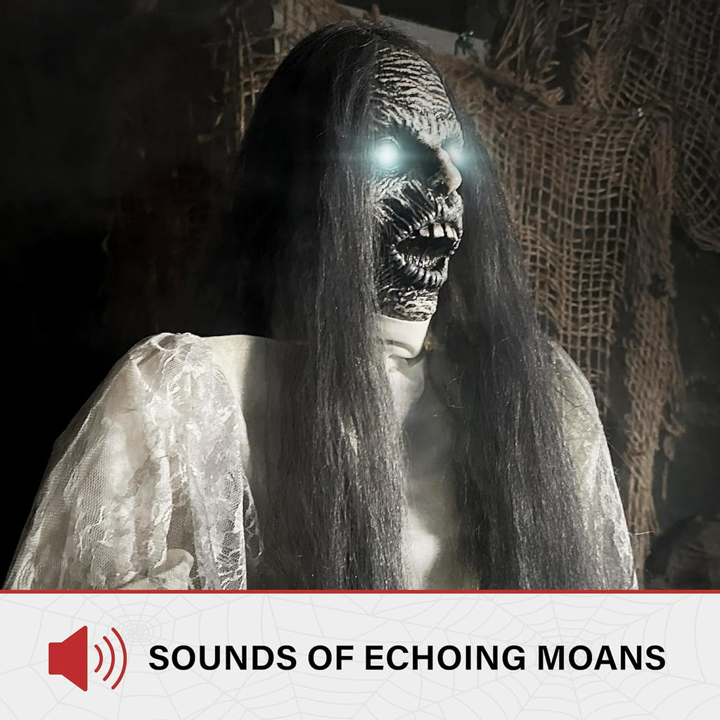 Haunted Hill Farm Lifesize Scary Haunted Woman Halloween Prop with Touch Activated Lights and Sound, Battery-Operated Indoor or Covered Outdoor Halloween Decoration