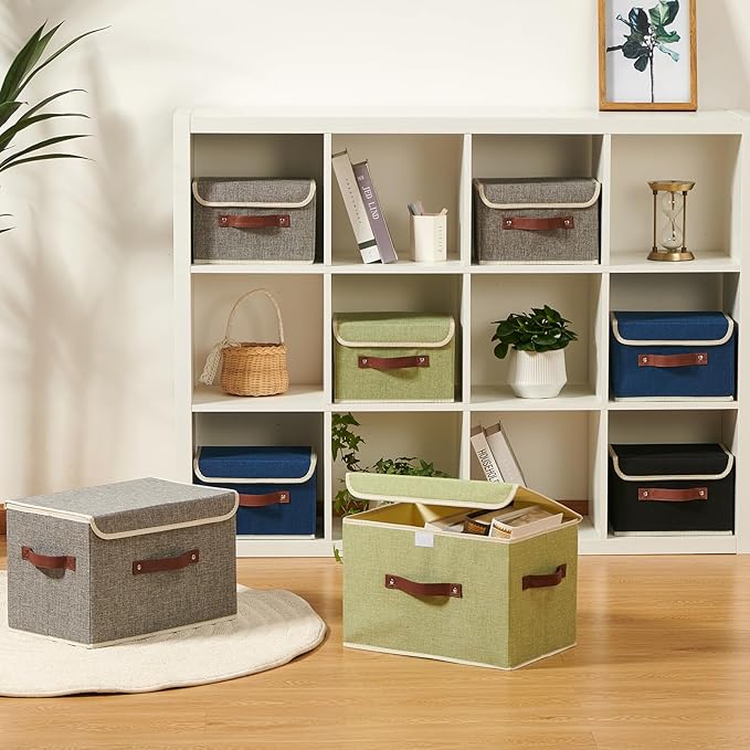 Storage Boxes with Lid Cotton Linen Fabric Storage Bins Organizer Container Decorative Collapsible Washable Shelf Baskets Faux Leather Handles for Home Bedroom Closet (Gray, Large Size)