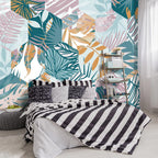 -Abstract Geometry Botanical Banana Leaf Fabric Wallpaper Living Room Bedroom Bathroom Tropical Plant Leaf Large Wall Mural- 137"x96"（ not Peel and Stick）