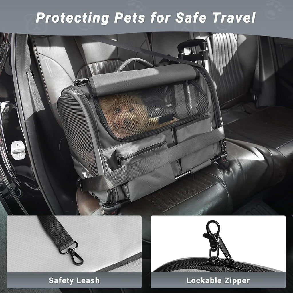 Large Pet Carrier with Wheels, Foldable Rolling Dog Carrier with Wheels and Big Pocket, Cat Rolling Bag 21"x13"x13" for 2 Cats &Dogs, for Travel, Outdoor, Vet Visits, Camping, Indoor. Gray