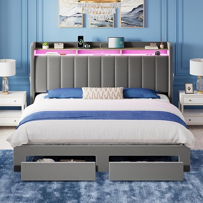Allewie Velvet Vertical Tufted King Size Upholstered Platform Bed Frame with 2-Tier LED Storage Headboard & 2 Storage Drawers, USB & Type-C Charging Ports, Noise-Free/No Box Spring Needed, Grey