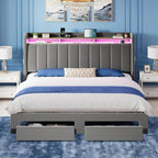 Allewie Velvet Vertical Tufted King Size Upholstered Platform Bed Frame with 2-Tier LED Storage Headboard & 2 Storage Drawers, USB & Type-C Charging Ports, Noise-Free/No Box Spring Needed, Grey