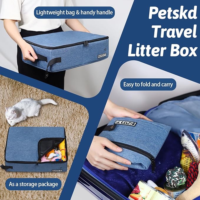 Petskd Portable Cat Travel Litter Box with Lid and 10 pcs Disposable Liner Bags, Leak-Proof and Collapsible, Cat Travel Essentials for Car, Hotel, Airplane and Other Outdoor Use(Blue)