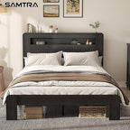 Wooden Bed Frame Queen Size with Storage Headboard - Farmhouse Platform Bed Frame with Bookcase Shelf & Led Lights, Sturdy Wood Slat Framework Bed Frame (Black LED)