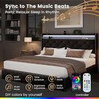LARMACE King Size Bed Frame with 4 Storage Drawers Velvet Upholstered Tufted Bed Frame King Platform with LED Lights&USB Type-C Charging Station,Heavy Duty/No Box Spring Needed, Easy Assembly,Black