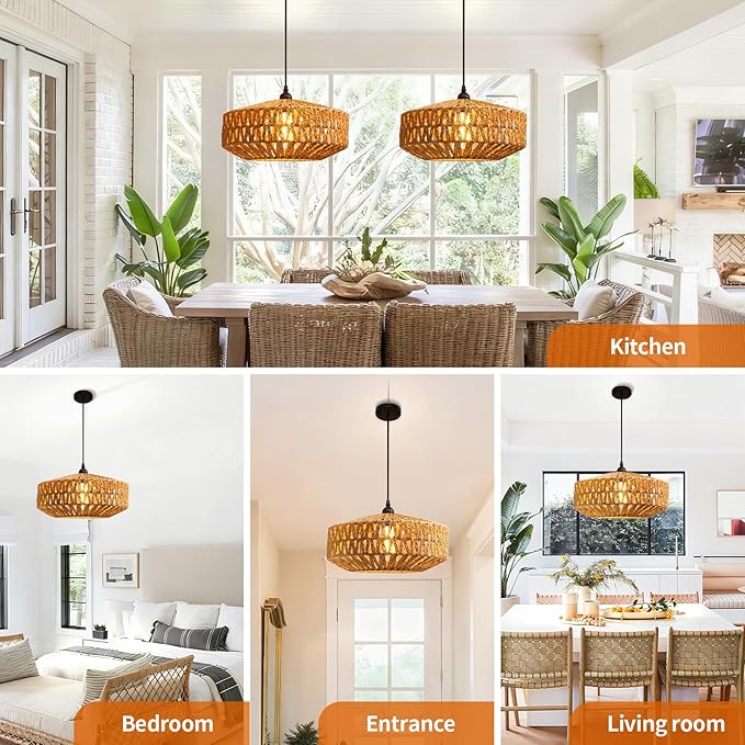 14'' Natural Rattan Chandelier Small Rattan Pendant Light -Farmhouse Boho Hanging Light with Included E27 Bulb, 120V Wicker Chandelier for Dining Room Bedroom Living Room Island